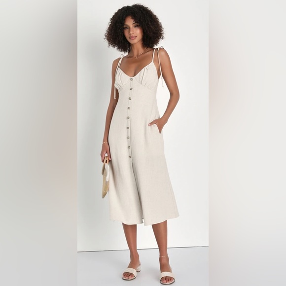 Lulus Dresses & Skirts - LULUS Effortless Sun Beige Linen Tie-Strap Midi Dress With Pockets Sz Medium